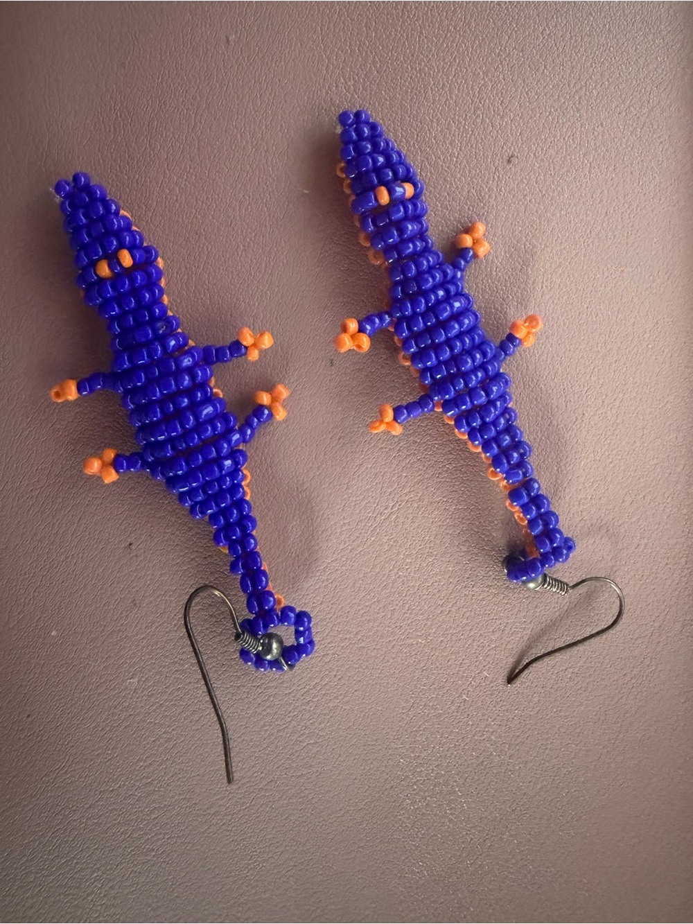 Handmade Blue & Orange Beaded Gecko Earrings - Florida Gator Theme